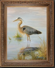 Framed Oil Painting, Blue Heron Portrait– Korean Wall Art, Signed by Brunell S