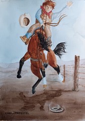 original watercolor bucking horse snake wildlife action cowboy Carol Proebstel