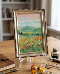 Poppy Field Original Oil Painting 4×6 Framed Signed Misty Meadow Landscape Art