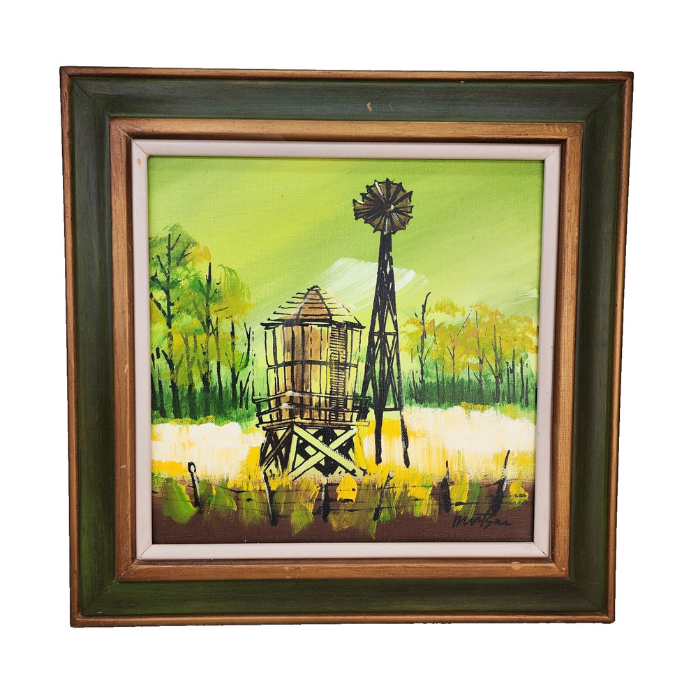 VTG Country Oil Painting 19” Framed Signed Farm Windmill Silo Wheat Field Green