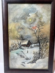 Antique „Figure And Home Landscape In Winter“ Watercolor Painting – Framed