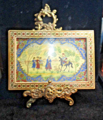 Antique Persian Hunting Scene on Celluloid Khatam Marquetry Frame w Ornate Stand