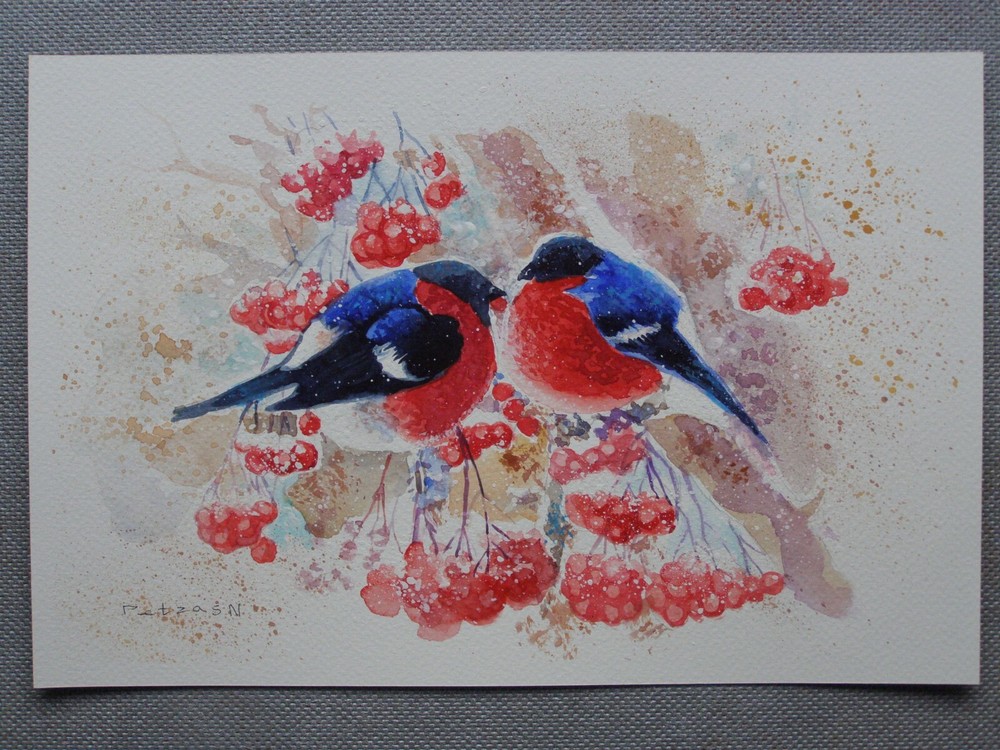 Golden BULLFINCH Birds Original Watercolor Acrylic Painting By Artist