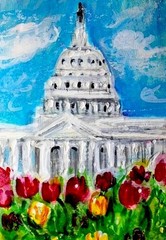 ACEO Original PAINTING Washington DC in SPRING Tulip Flowers Landscape ATC ART