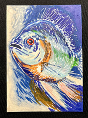 ACEO Original Abstract Fish, Acrylic Painting, by Annibbie