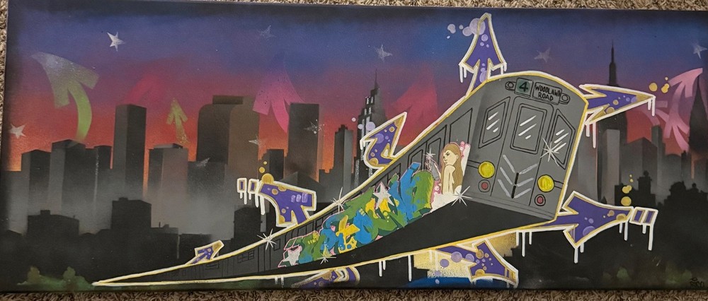 NYC Denver skyline painting collage graffiti rare hip hop vintage
