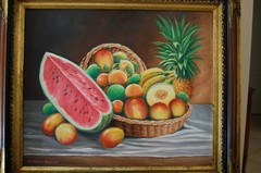 VTG FRAMED SIGNED ORIGINAL OIL TROPICAL FRUITS WITH BASKET ARTIST: ALFREDO REYES