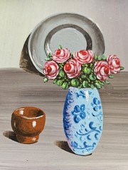 Still Life Realism Painting Pewter Plate Blue Vase Roses Terra Cotta Pot