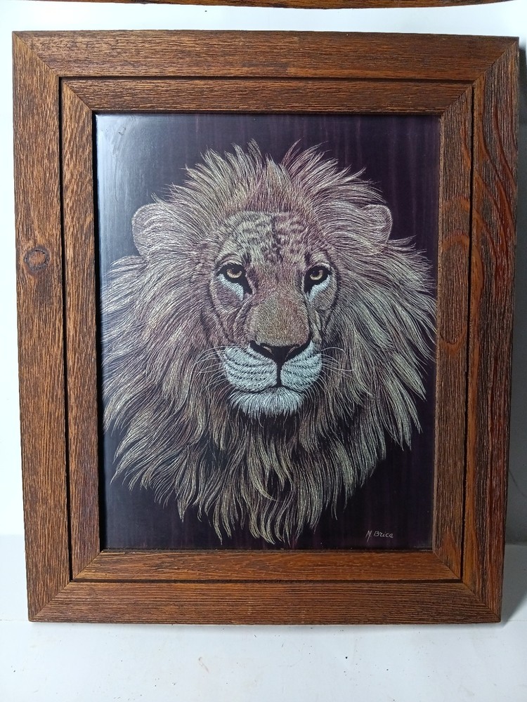 HTF Vintage Marjorie Brice Lion Print Signed Framed 15.5×18.5 Scratchboard Style