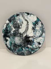 Abstract Teal, Black, & White 12×12 Round Canvas Art blind artist made
