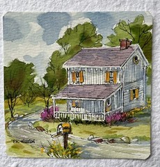 4”x4” Original Watercolor Pamela Wilhelm white farmhouse yellow shutters