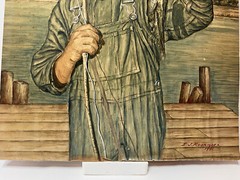E. J. Rodriguez Painting 1941 of a Boy who Caught a Fish from a Dock