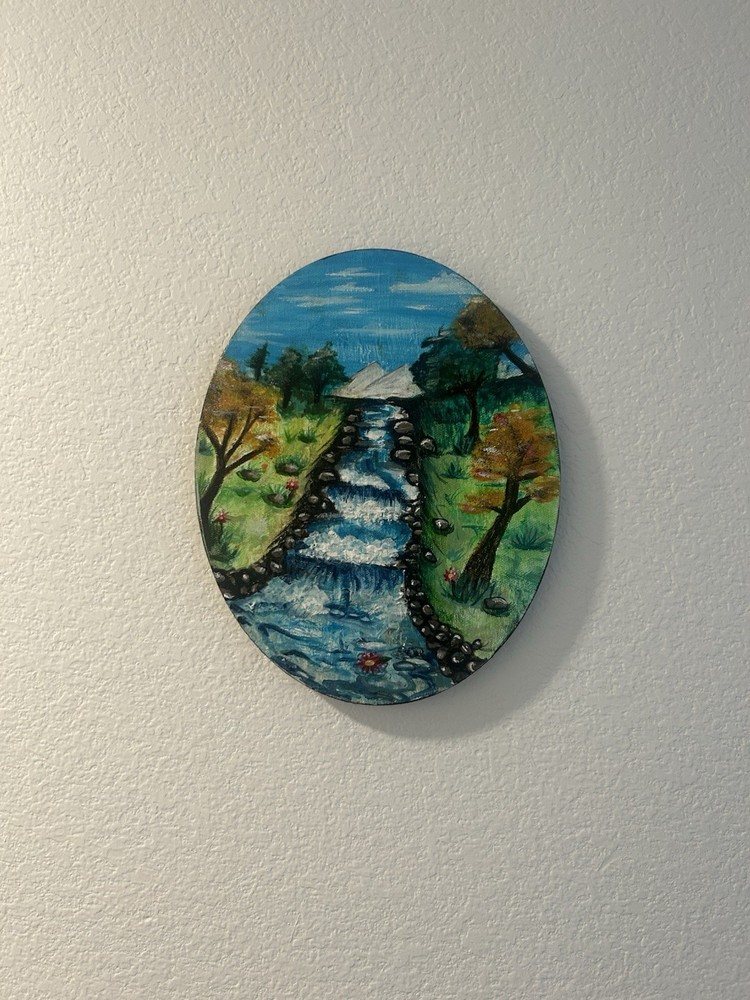 Hand-Painted Oval Landscape. “River Scene autumn days”