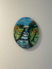 Hand-Painted Oval Landscape. “River Scene autumn days”