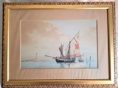 Ross Sterling Turner Watercolor. (American, 1847-1915) Sailboats in harbor