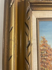 Vintage Fall River Landscape Painting Ornate Gold Frame Rustic Cottage Art 12×14