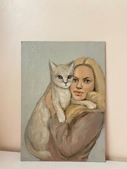 Portrait with Cat Oil Painting White Kitten Wall Art Beautiful Girl Pet Woman