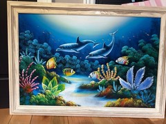 Large 29 X 41 Framed Signed Marine Dolphins Fish 90s Y2K Oil Painting On Canvas