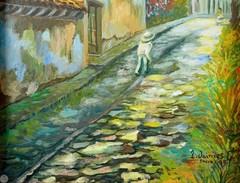 Vintage Original Impressionist Oil on Canvas „Sunlit Colonial Village Street“