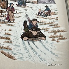 Framed Serigraph on Canvas Signed C. Carson Amish Winter Snow Sledding 16 x 12