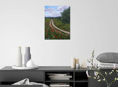 Original Country Path Oil Painting Poppy Meadow Flowers Rural Field Wall Art