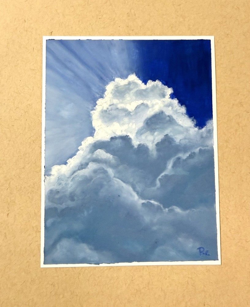 Original Backlit Clouds Oil Pastel Painting Wall Art Postcard Landscape Artwork