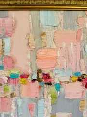 KADLIC Original Oil Painting Modern Abstract Landscape Pinks Gold Gilt 22” Frame