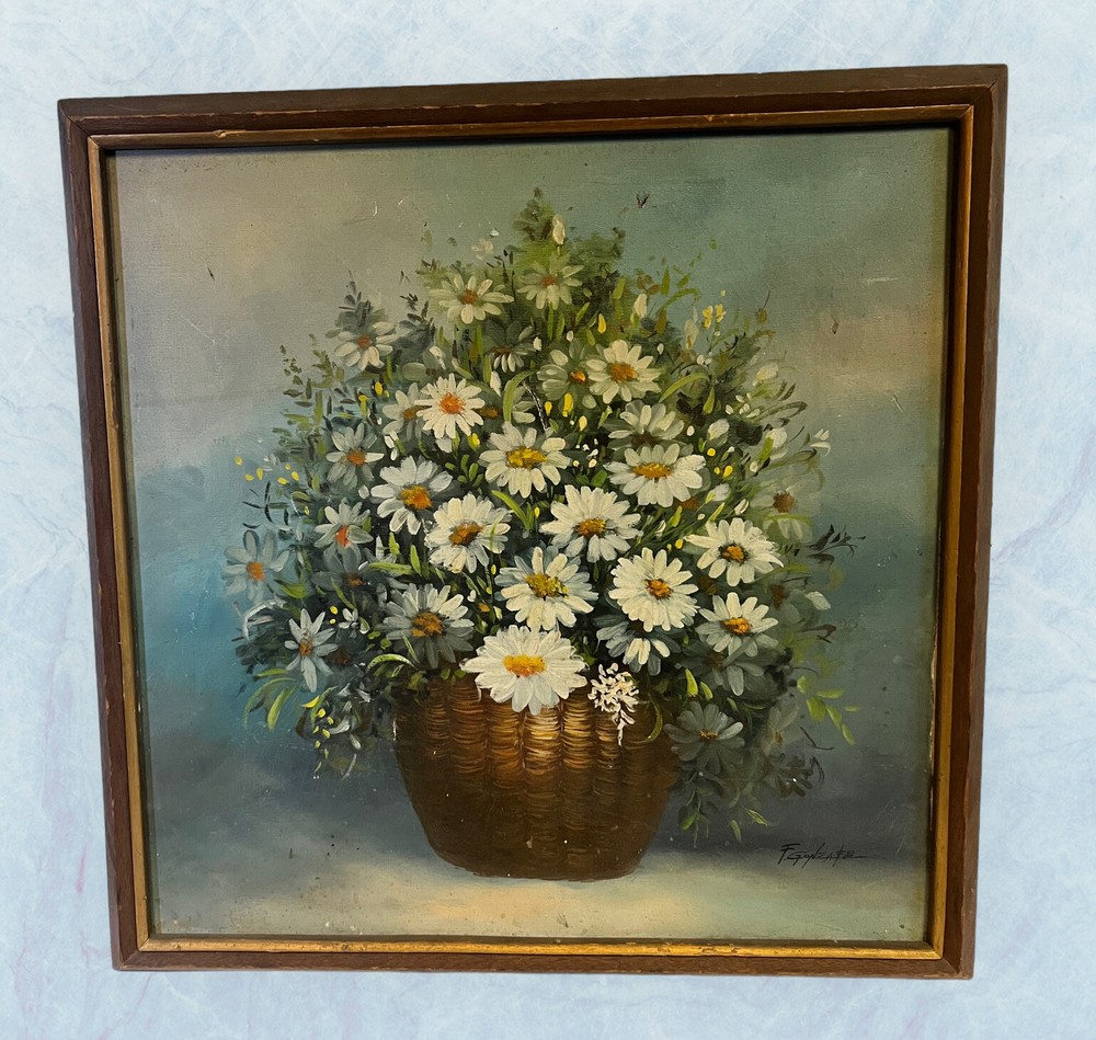 Original 1940s 50s Felix Pinto Gonzales Still Life Daisies Oil Painting 27 X 27”