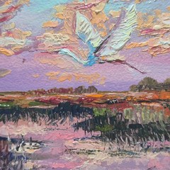 original autographed oil painting framed. An Evening by the Pond.4x4in.
