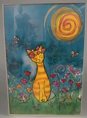 2003 KATHY CRABBE Art HAPPY GARDEN CAT Framed Matted Signed & Numbered 13″ × 16″