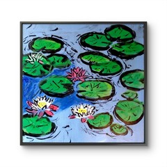 Original Blue Green 12×12 Lily Pond Acrylic Impressionist Signed Canvas
