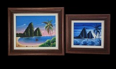 Vtg Oil Paintings St. Lucia Sugarloaf Day & Night Framed Signed Nenel Set Of 2