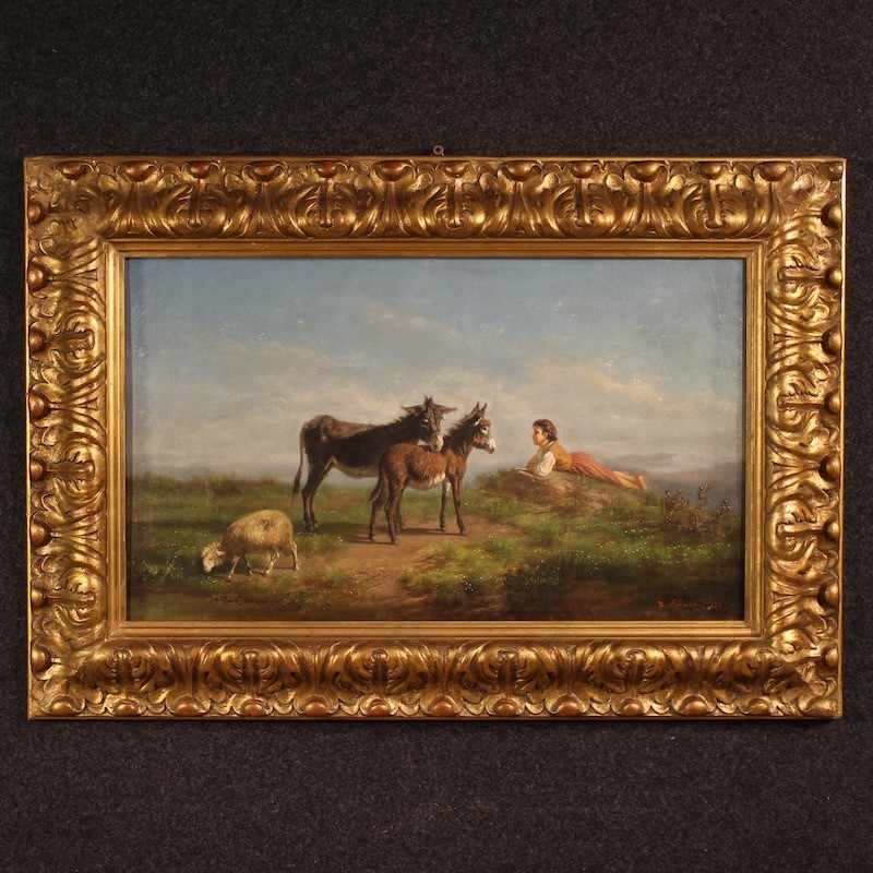 Antique Italian painting oil on canvas signed artwork bucolic landscape 800
