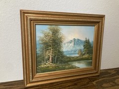 Oil On Canvas Mountain/Lake Landscape Painting With Gold Frame 12 X 16/ 18 X 22