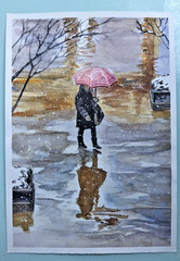 Autumn Watercolor Painting Woman with Umbrella Reflection in Rain Puddle Art