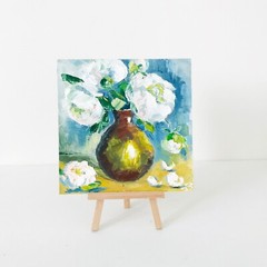 Original Impasto Peony Painting Coffee Table Decor Gift Flower Vase 6 x 6″