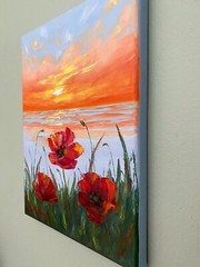 Poppy Field Oil Painting Original Ocean Sunset Wild Flowers Meadow Wall Art