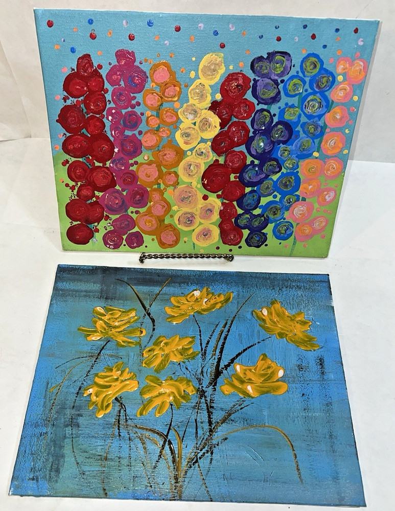 Two 8″x10″ abstract oil, acrylic water flower paintings on board, bright texture