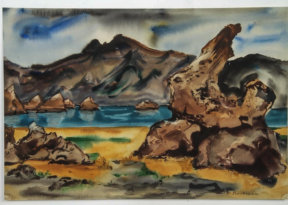 MCM 1959 CALIFORNIA WATERCOLOR MODERNIST PAINTING Muriel Backman PYRAMID LAKE NV