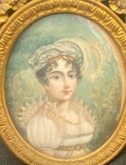 ANTIQUE MINIATURE PORTRAIT PAINTING, EMPIRE LADY w/HAT, BOW BRASS FRAME, c1880