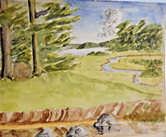 Original Watercolor Painting of Landscape with Tall Trees 6 x 9 Inches