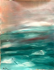 Mary Myers Original Abstract Seascape Teal Turquoise Waves Peach Sunset Sky