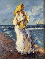 Mother and Child on Beach Oil Painting Gilt Wooden Frame 18“x15“ Spanish Style