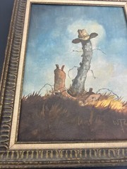 WILLIAM T. ZIVIC (1930-) „Rest in Peace“ OIL ON BOARD~1969 Boot Post Cowboy Hat
