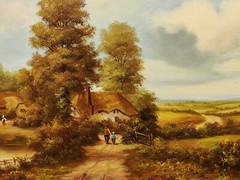 ORIGINAL LATE 20TH C. OIL PAINTING ON PANEL FIGURES AND FARM RURAL IN LANDSCAPE.