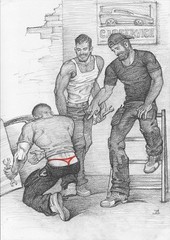 Gay Art original painting „Funny incident in a car service“  16,5 * 11,6 in.