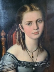 Antique 19th Century Oil Painting Portrait of a Victorian Gothic Young Lady