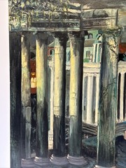 MID CENTURY PAINTING LARGE SURREAL CITY CITYSCAPE ROOF TOPS REGIONALISM URBAN