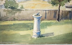 Stunning Antique Watercolor Landscape Coastal Town with Sun Dial Unsigned & FINE