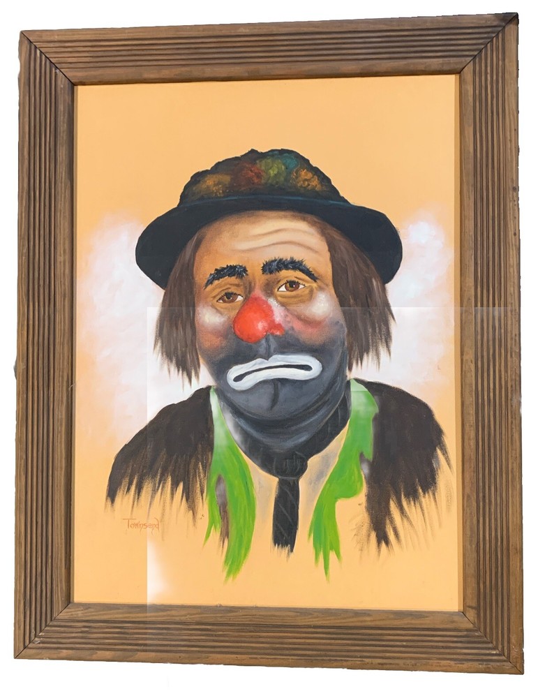VTG painting on canvass 18 x 24 of Clown Emmett Kelly signed by artist Townsend
